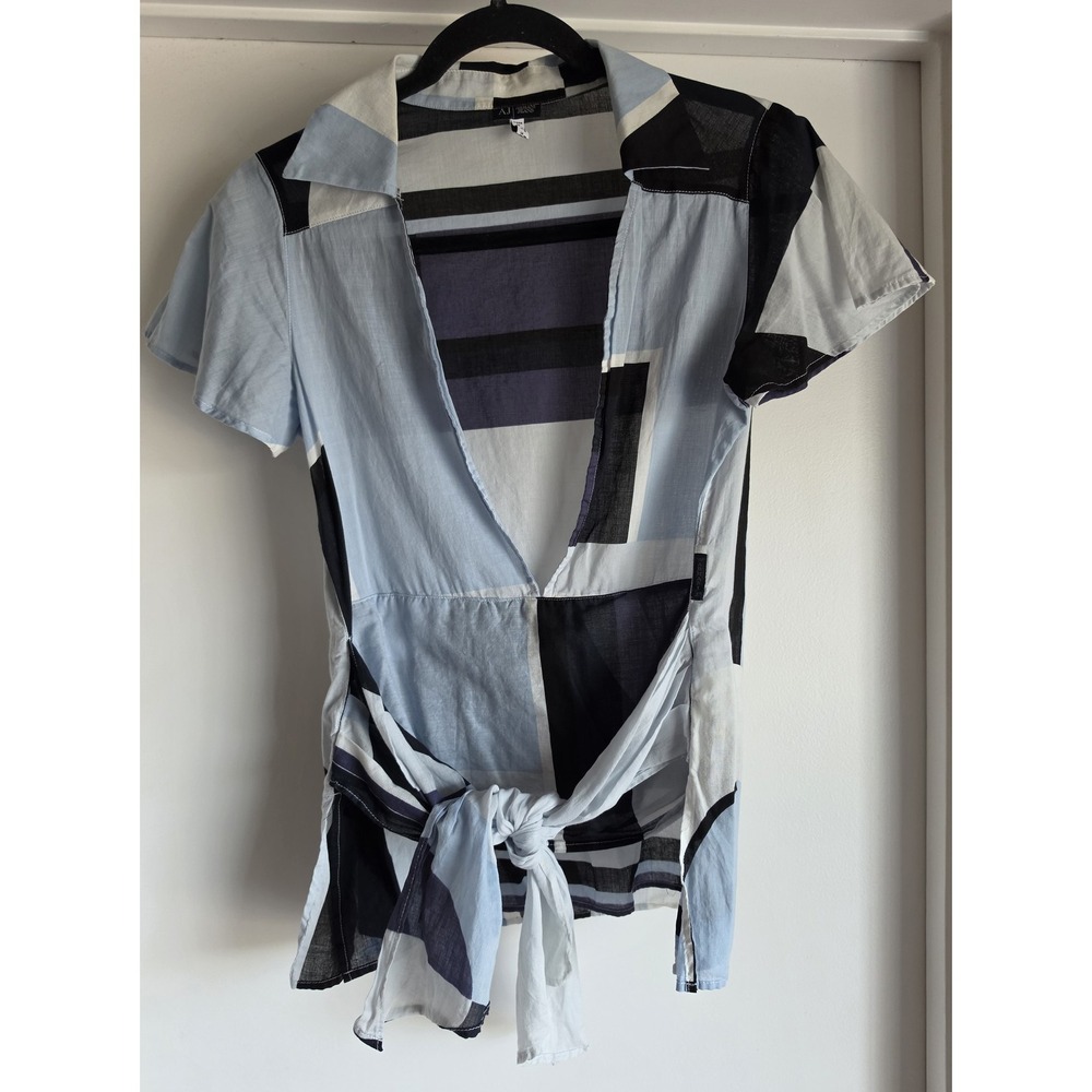 Armani Jeans Blouse Women M Blue Black White Geometric Collared Cotton Top